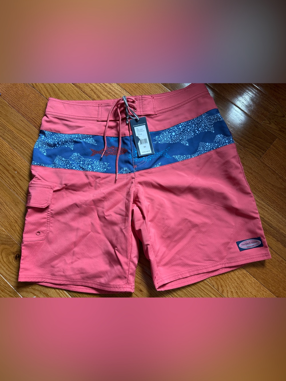 Vineyard Vines Coral Swim Trunks with Navy Fish-Print Waistband